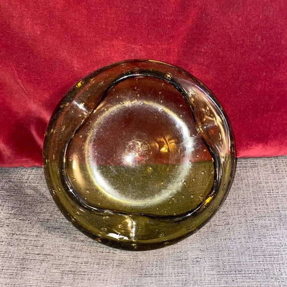 Vintage Hand Blown Bulicante Controlled Bubbles Art Glass Amber Bowl - Picture 4 of 6